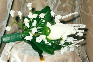 ROSE BUD BOUTONIERE WITH WHITE GRASS  